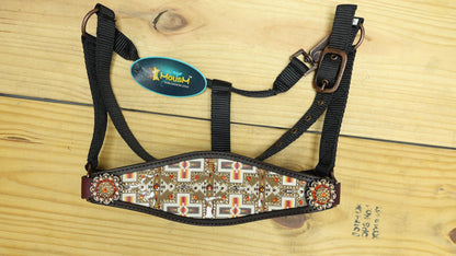 Genuine Argentina Cow leather Bronc Halter for Horses, Decorated with Congress conchos with stones and Aztec print decorated with stones