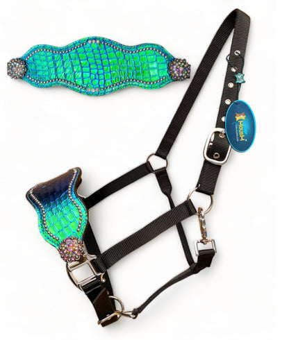 Genuine Argentina Cow leather Bronc Halter for Horses, Bronc Halter Decorated with reflecting turquoise alligator print  &amp; rhinestone concho