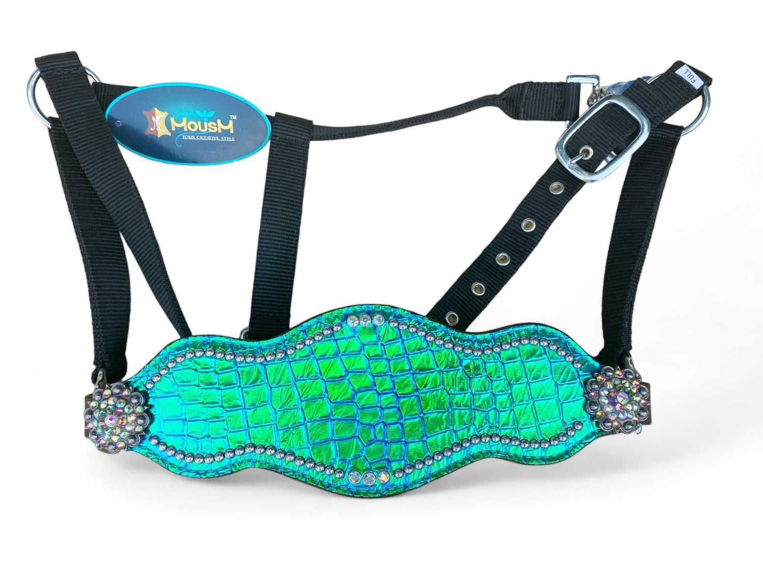 Genuine Argentina Cow leather Bronc Halter for Horses, Bronc Halter Decorated with reflecting turquoise alligator print  &amp; rhinestone concho