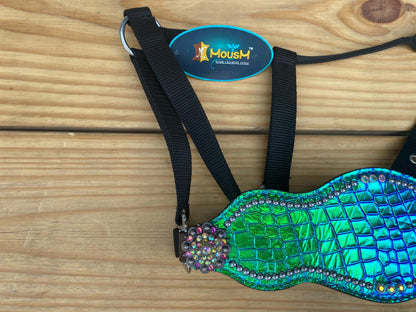 Genuine Argentina Cow leather Bronc Halter for Horses, Bronc Halter Decorated with reflecting turquoise alligator print  &amp; rhinestone concho