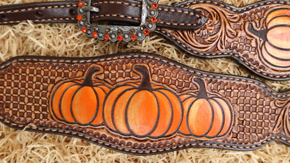 MOUSM Spooky Western Horse Tack Collection – Decorated with Hand-Painted Halloween Pumpkin, Window Tooling &amp; Floral Carving with Rhinestone Conchos