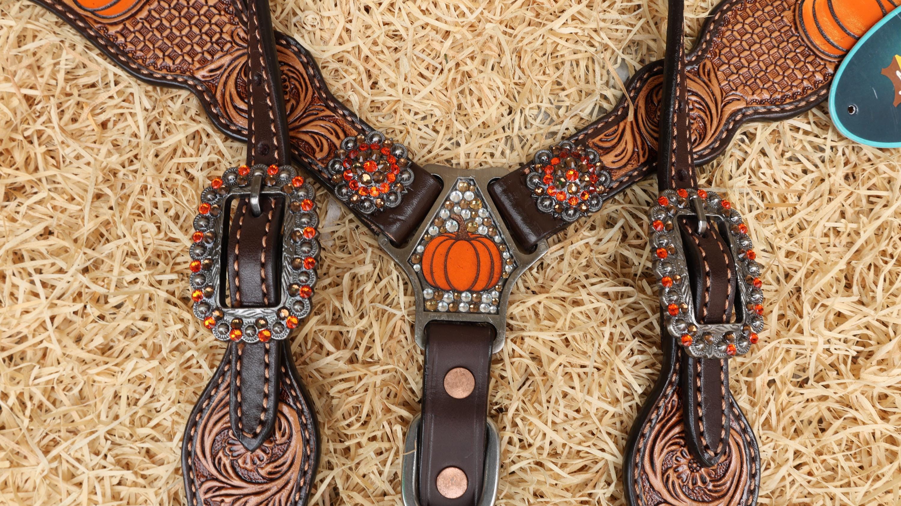 MOUSM Spooky Western Horse Tack Collection – Decorated with Hand-Painted Halloween Pumpkin, Window Tooling &amp; Floral Carving with Rhinestone Conchos