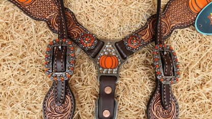 MOUSM Spooky Western Horse Tack Collection – Decorated with Hand-Painted Halloween Pumpkin, Window Tooling &amp; Floral Carving with Rhinestone Conchos