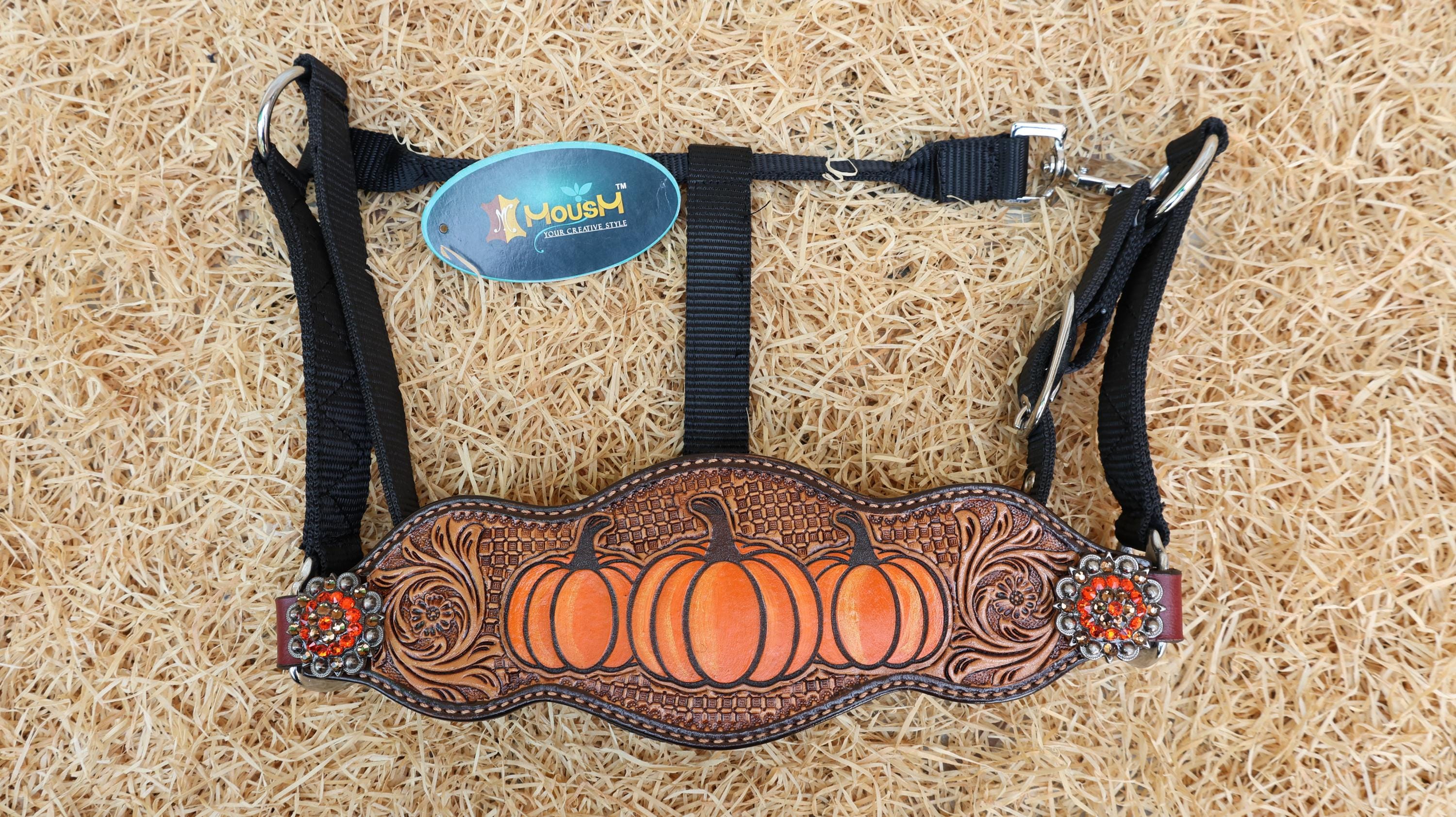 MOUSM Spooky Western Horse Tack Collection – Decorated with Hand-Painted Halloween Pumpkin, Window Tooling &amp; Floral Carving with Rhinestone Conchos