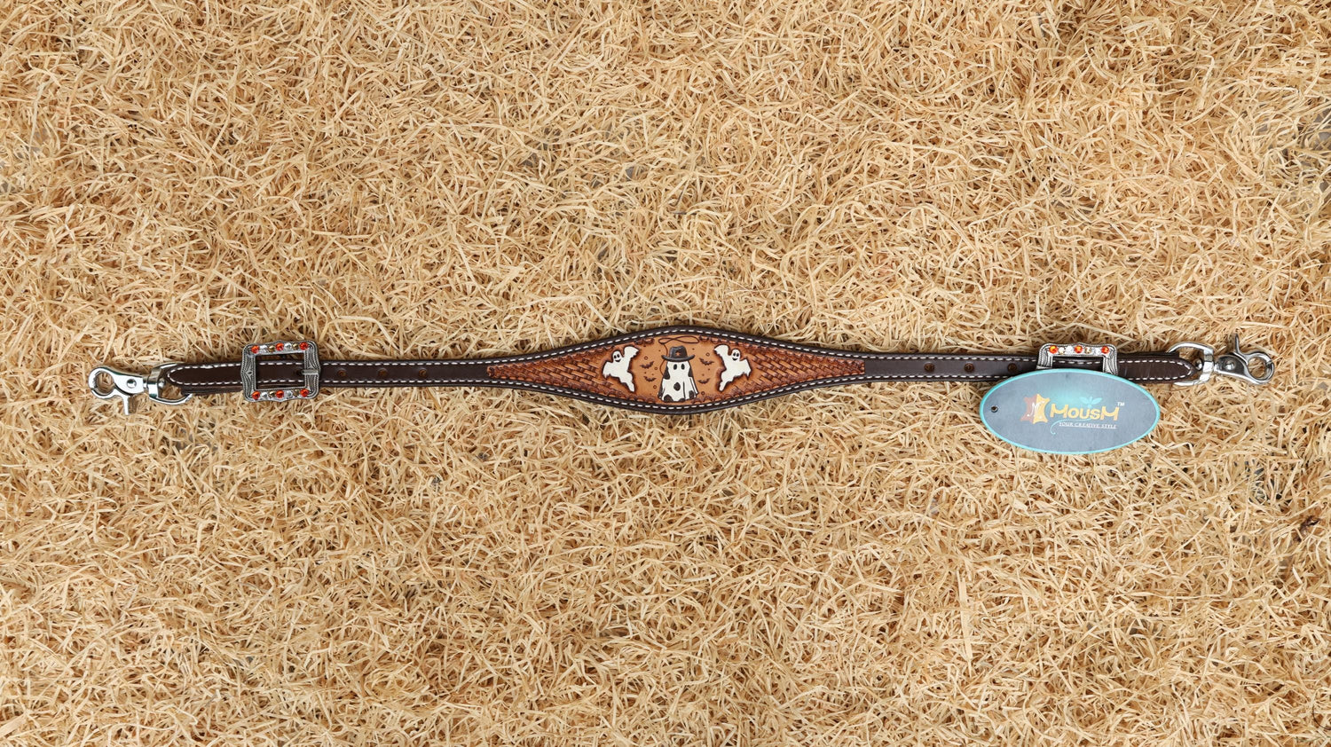 MOUSM Spooky Western Leather Horse Tack Collection – Headstall &amp; Breast Collar Set Decorated with Hand-Painted Cowboy Ghost, Basket Tooling &amp; Pumpkin Rhinestone Conchos