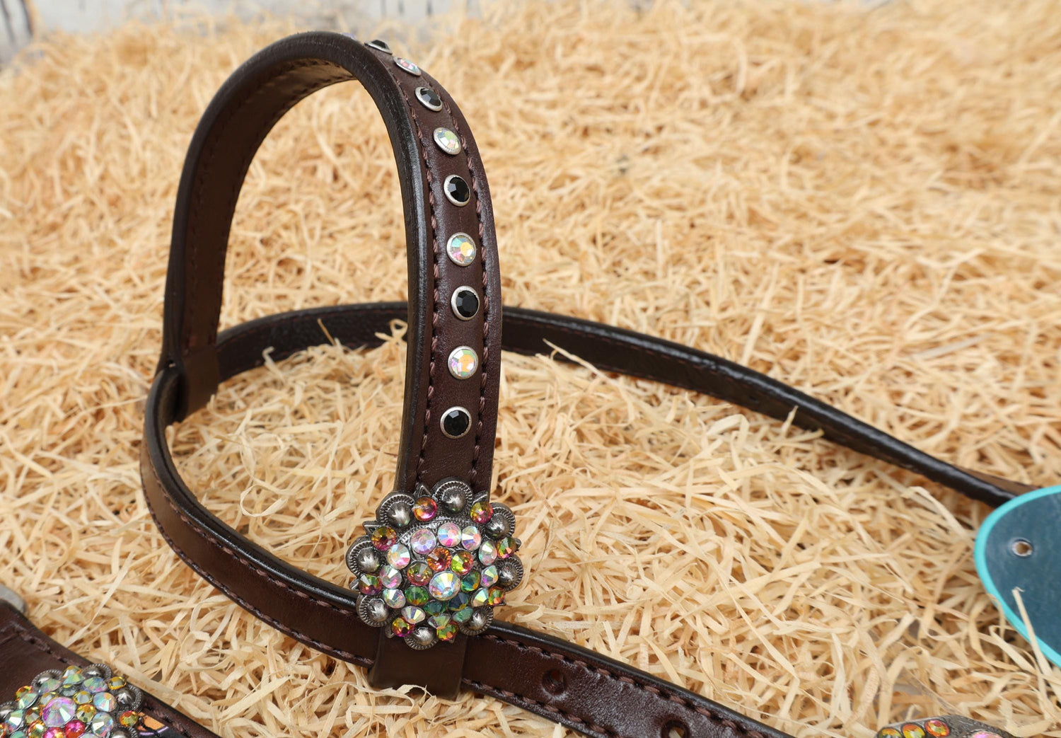 MOUSM Spooky Western Leather Headstall Breast Collar tack Set decorated with fluorescent Halloween pumpkin print with rhinestone concho