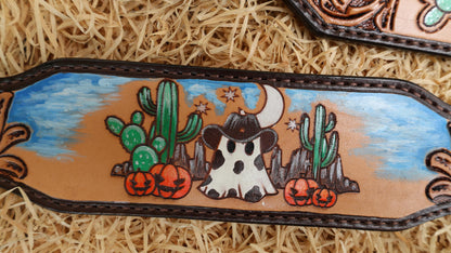 Spooky Western Leather Headstall tack Set cowboy ghost cactus Halloween pumpkin headstall with desert hand painting flower carving MOUSM