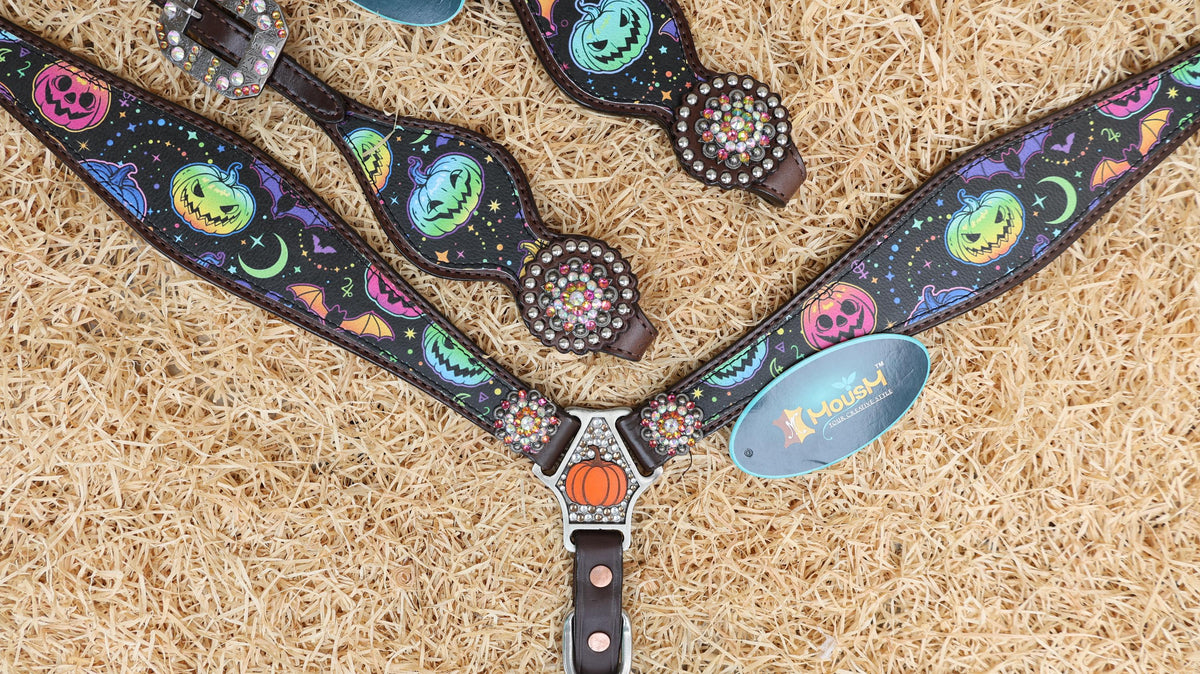 Halloween Headstall and Breast Collar Set Pumpkin &amp; Bat Print
