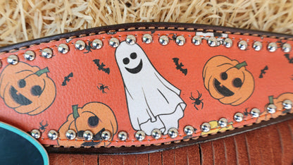 MOUSM Spooky Western Leather Horse Tack Set – Headstall &amp; Breast Collar Decorated with Halloween Pumpkin, Ghost &amp; Bats Print with Black-orange Rhinestone, Leather Fringe