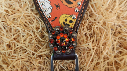 MOUSM Spooky Western Leather Horse Tack Set – Headstall &amp; Breast Collar Decorated with Halloween Pumpkin, Ghost &amp; Bats Print with Black-orange Rhinestone, Leather Fringe