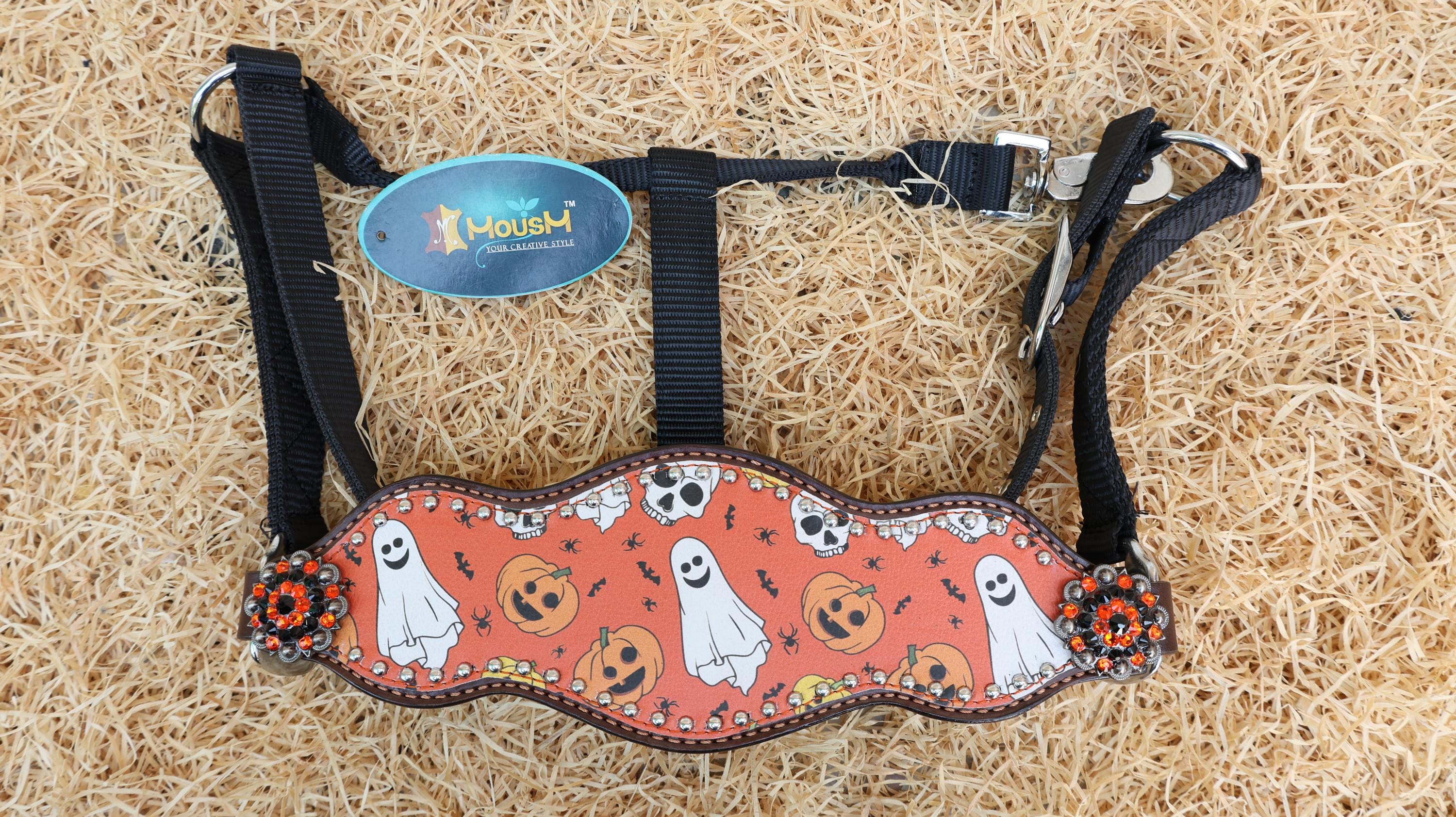 MOUSM Spooky Western Leather Horse Tack Set – Headstall &amp; Breast Collar Decorated with Halloween Pumpkin, Ghost &amp; Bats Print with Black-orange Rhinestone, Leather Fringe