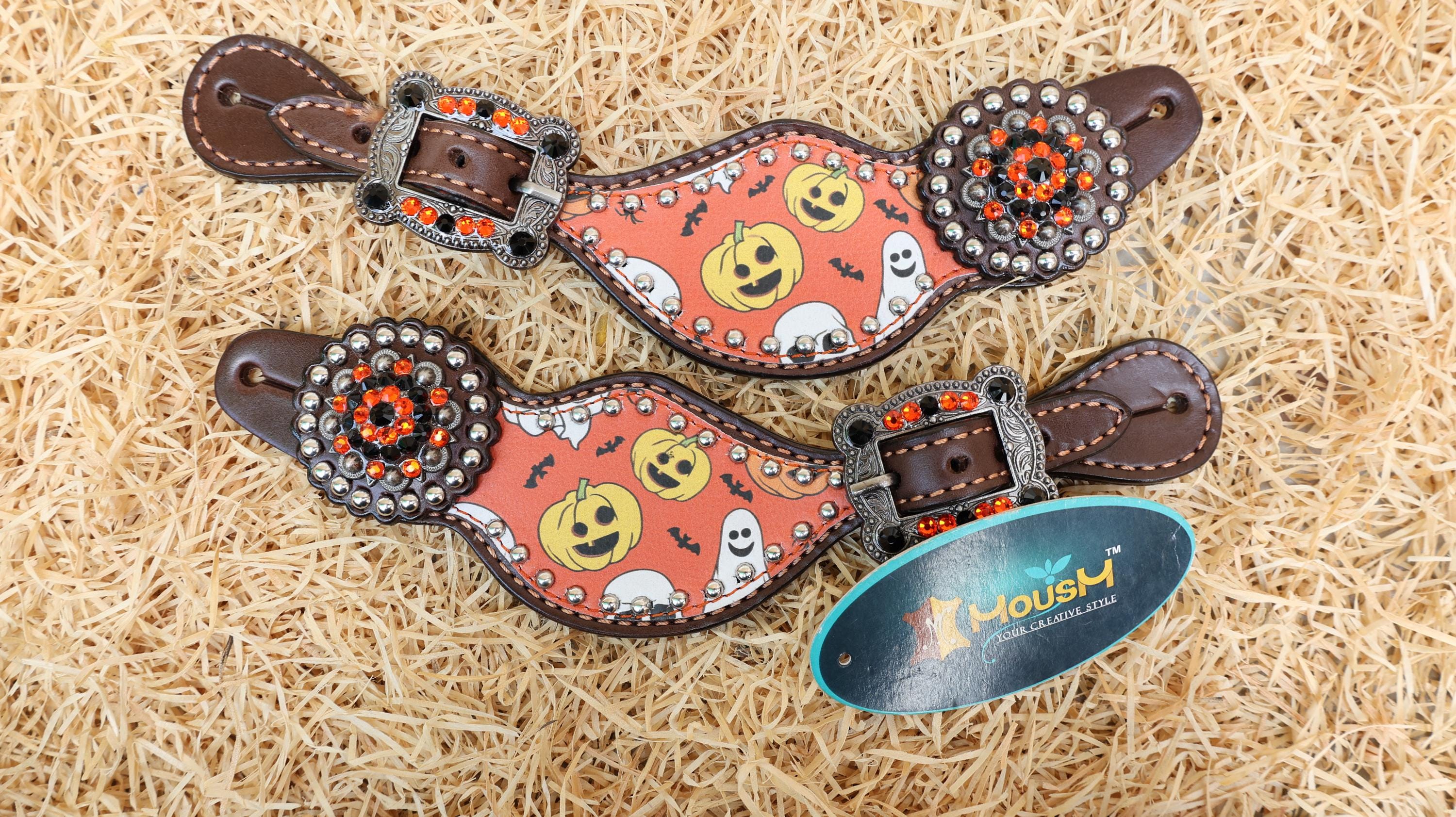 MOUSM Spooky Western Leather Horse Tack Set – Headstall &amp; Breast Collar Decorated with Halloween Pumpkin, Ghost &amp; Bats Print with Black-orange Rhinestone, Leather Fringe