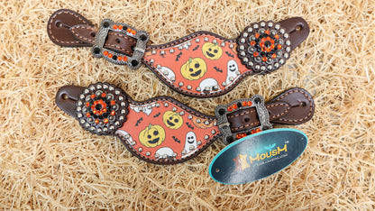 MOUSM Spooky Western Leather Horse Tack Set – Headstall &amp; Breast Collar Decorated with Halloween Pumpkin, Ghost &amp; Bats Print with Black-orange Rhinestone, Leather Fringe