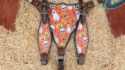 MOUSM Spooky Western Leather Horse Tack Set – Headstall &amp; Breast Collar Decorated with Halloween Pumpkin, Ghost &amp; Bats Print with Black-orange Rhinestone, Leather Fringe