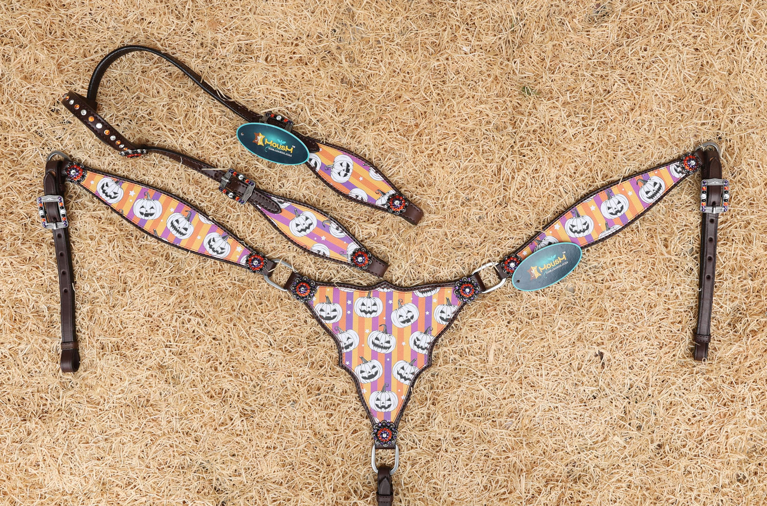 Spooky Western Leather Headstall Breast Collar tack Set with laughing Halloween pumpkin with purple orange strip print rhinestone concho