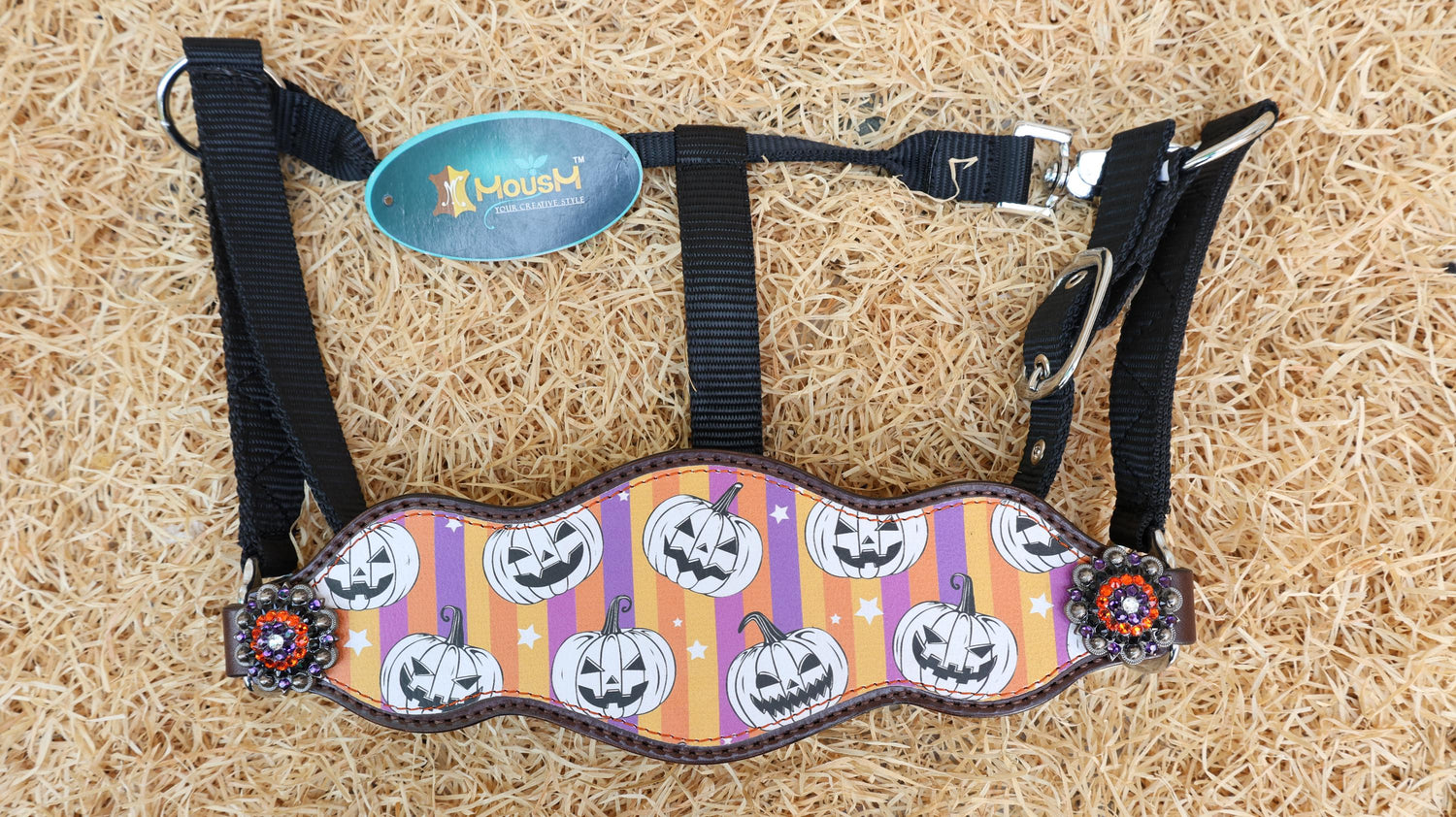 Spooky Western Leather Headstall Breast Collar tack Set with laughing Halloween pumpkin with purple orange strip print rhinestone concho