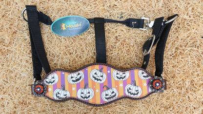 Spooky Western Leather Headstall Breast Collar tack Set with laughing Halloween pumpkin with purple orange strip print rhinestone concho