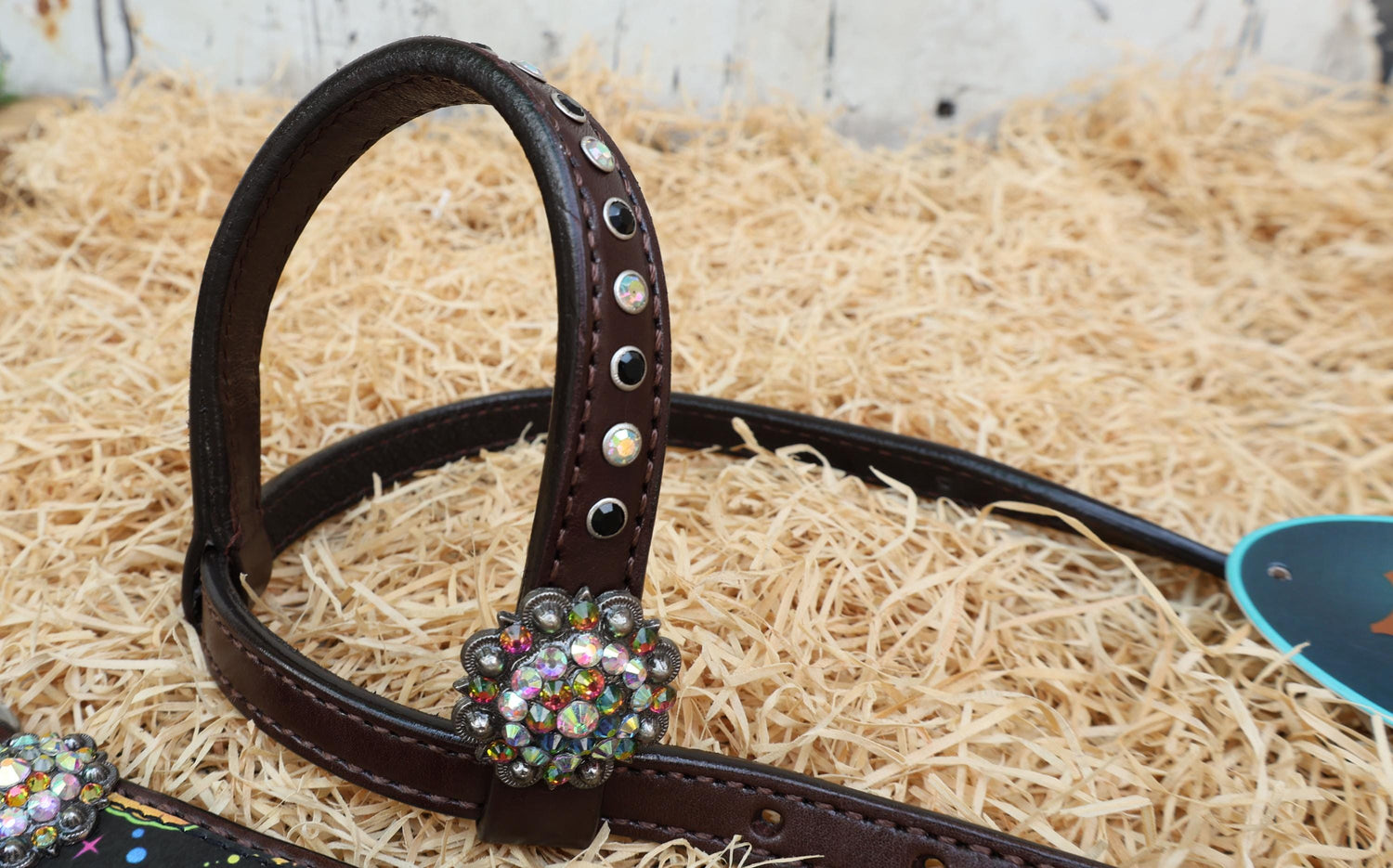 MOUSM Spooky Western Leather Headstall Breast Collar tack Set ghost and skulls with dark background print with ghost rhinestone concho