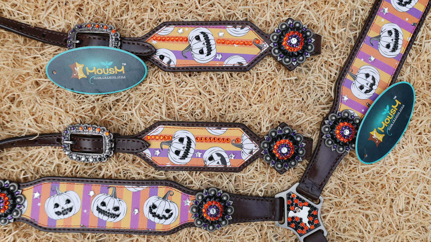 Halloween Headstall tack set decoration ghost and skulls laughing Halloween pumpkin with purple orange strip background rhinestone conchos