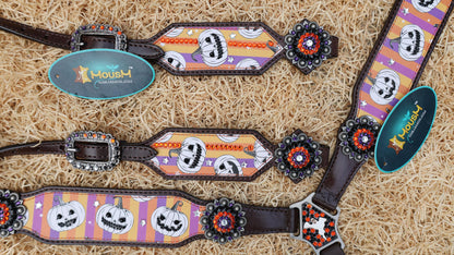 Halloween Headstall tack set decoration ghost and skulls laughing Halloween pumpkin with purple orange strip background rhinestone conchos