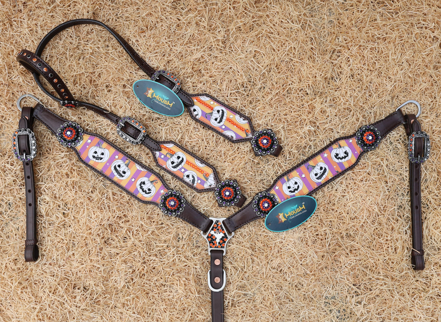 Halloween Headstall tack set decoration ghost and skulls laughing Halloween pumpkin with purple orange strip background rhinestone conchos