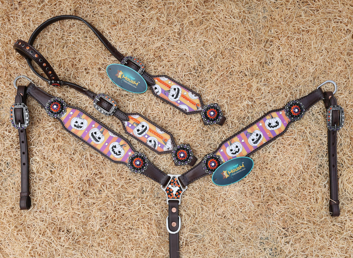 Laughing Pumpkin Print Spooky Halloween Western Headstall Set