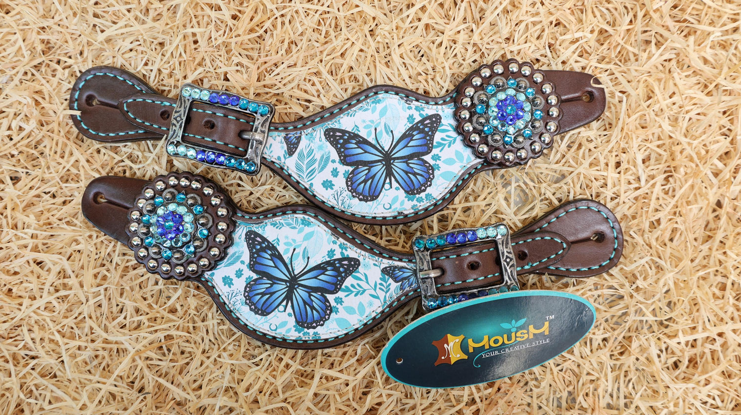 Butterfly Horse Tack, Western Leather Headstall Breast Collar tack Set with turquoise  royal blue butterfly print turquoise metallic fringe