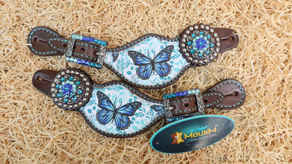 Butterfly Horse Tack, Western Leather Headstall Breast Collar tack Set with turquoise  royal blue butterfly print turquoise metallic fringe