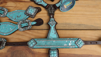 Valentine Day Western Leather Headstall and Breast Collar tack Set for the horse, headstall turquoise silver metallic acid wash cowhide