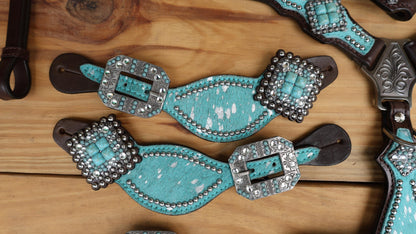 Valentine Day Western Leather Headstall and Breast Collar tack Set for the horse, headstall turquoise silver metallic acid wash cowhide