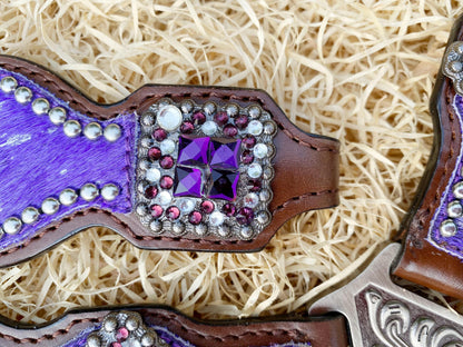 Valentine Day  Western Leather Headstall and Breast Collar tack Set for the horse, headstall purple silver metallic acid wash cowhide look