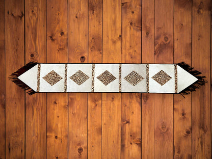 MOUSM Real Cow Hide Leather Embroidered Table Runner 72 inches -Leopard Print with Hand Tassels for Farmhouse Rustic Wedding Dinner party