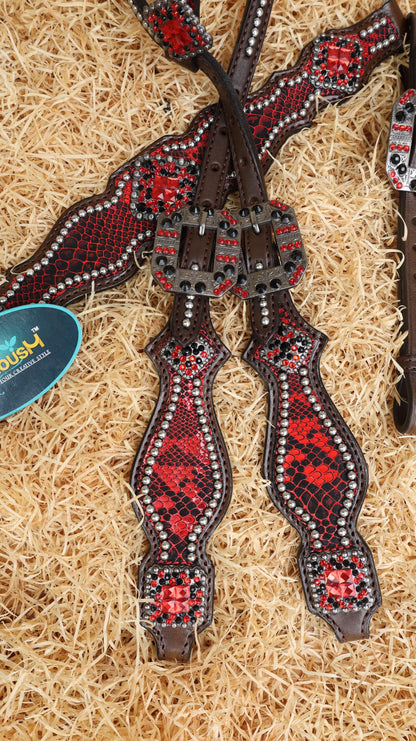 MOUSM Valentine’s Special Breast Collar and Headstall Set – Western Headstall Tack Argentina Cow Leather with Red &amp; Black Rhinestone Detailing on Metallic Red Snake Print