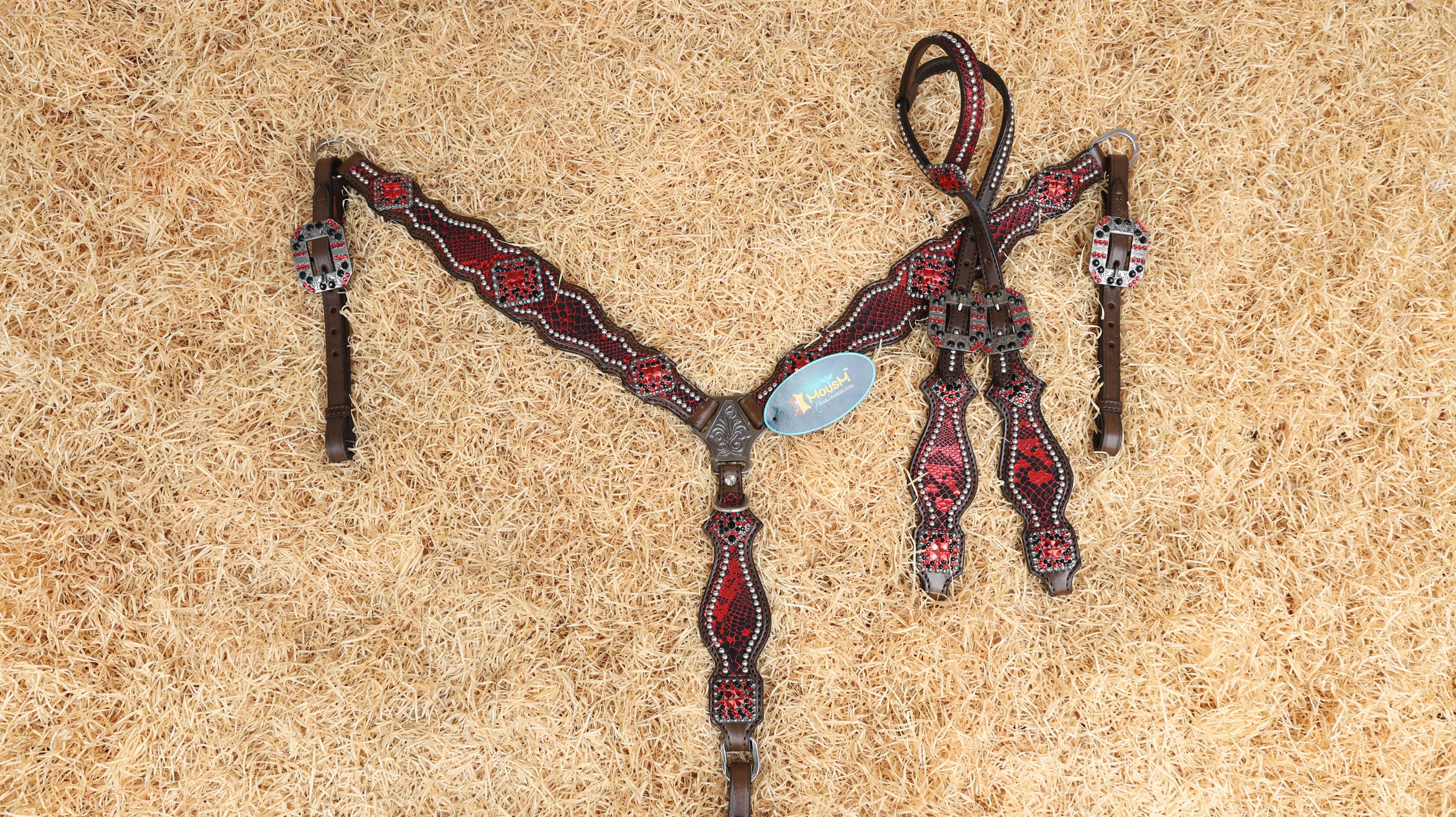 MOUSM Valentine’s Special Breast Collar and Headstall Set – Western Headstall Tack Argentina Cow Leather with Red &amp; Black Rhinestone Detailing on Metallic Red Snake Print