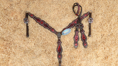 MOUSM Valentine’s Special Breast Collar and Headstall Set – Western Headstall Tack Argentina Cow Leather with Red &amp; Black Rhinestone Detailing on Metallic Red Snake Print
