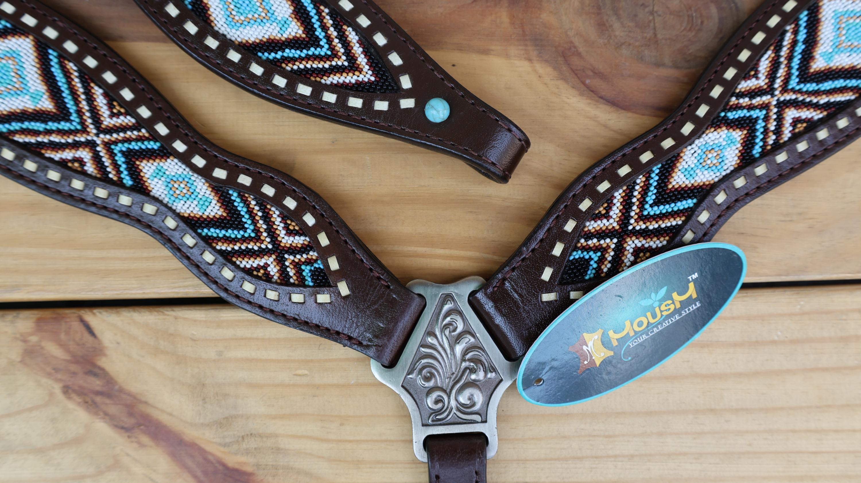 Beaded inlay Headstall tack.Premium Leather Headstall and Breast Collar with  beaded snake print decorated with medium oil braiding in lay