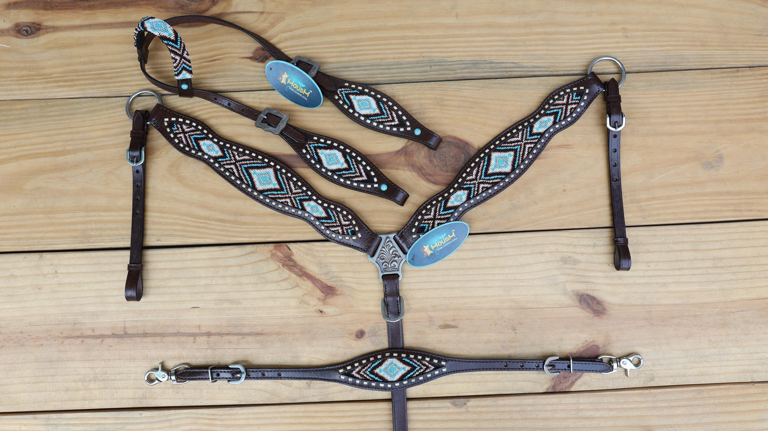 Beaded inlay Headstall tack.Premium Leather Headstall and Breast Collar with  beaded snake print decorated with medium oil braiding in lay