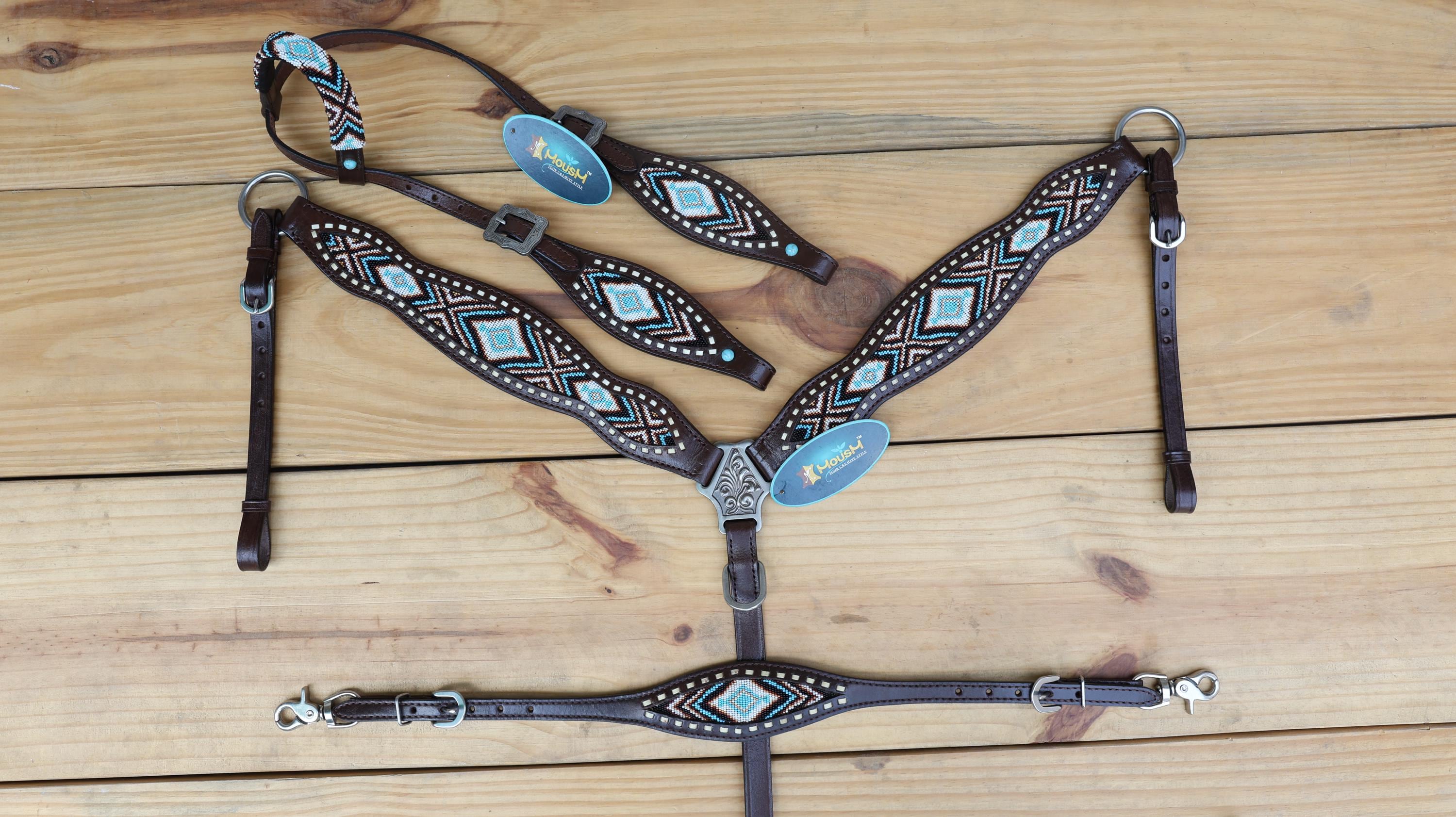 Beaded inlay Headstall tack.Premium Leather Headstall and Breast Collar with  beaded snake print decorated with medium oil braiding in lay