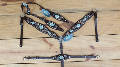 Beaded inlay Headstall tack.Premium Leather Headstall and Breast Collar with  beaded snake print decorated with medium oil braiding in lay