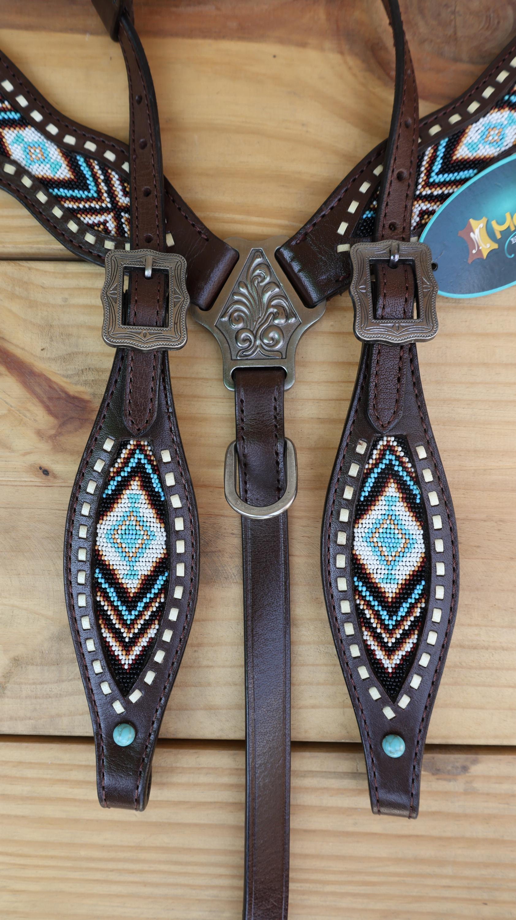Beaded inlay Headstall tack.Premium Leather Headstall and Breast Collar with  beaded snake print decorated with medium oil braiding in lay