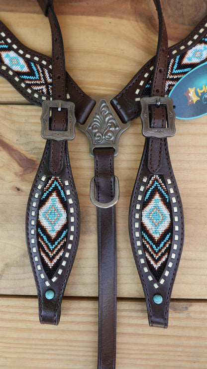 Beaded inlay Headstall tack.Premium Leather Headstall and Breast Collar with  beaded snake print decorated with medium oil braiding in lay