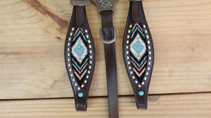 Beaded inlay Headstall tack.Premium Leather Headstall and Breast Collar with  beaded snake print decorated with medium oil braiding in lay