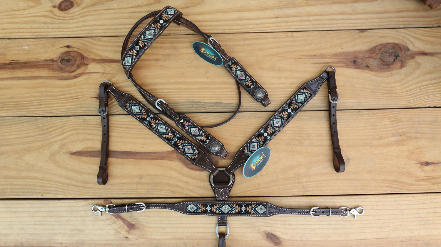 Beaded inlay Headstall tack.Premium Leather Headstall and Breast Collar with synchronized rug pattern and medium oil braiding by MOUSM
