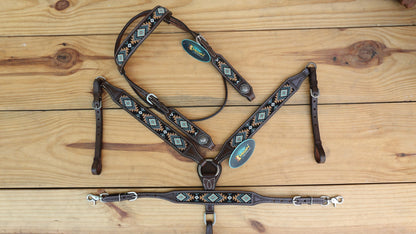 Beaded inlay Headstall tack.Premium Leather Headstall and Breast Collar with synchronized rug pattern and medium oil braiding by MOUSM