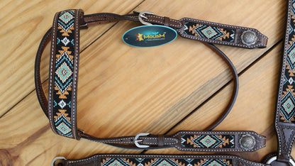 Beaded inlay Headstall tack.Premium Leather Headstall and Breast Collar with synchronized rug pattern and medium oil braiding by MOUSM