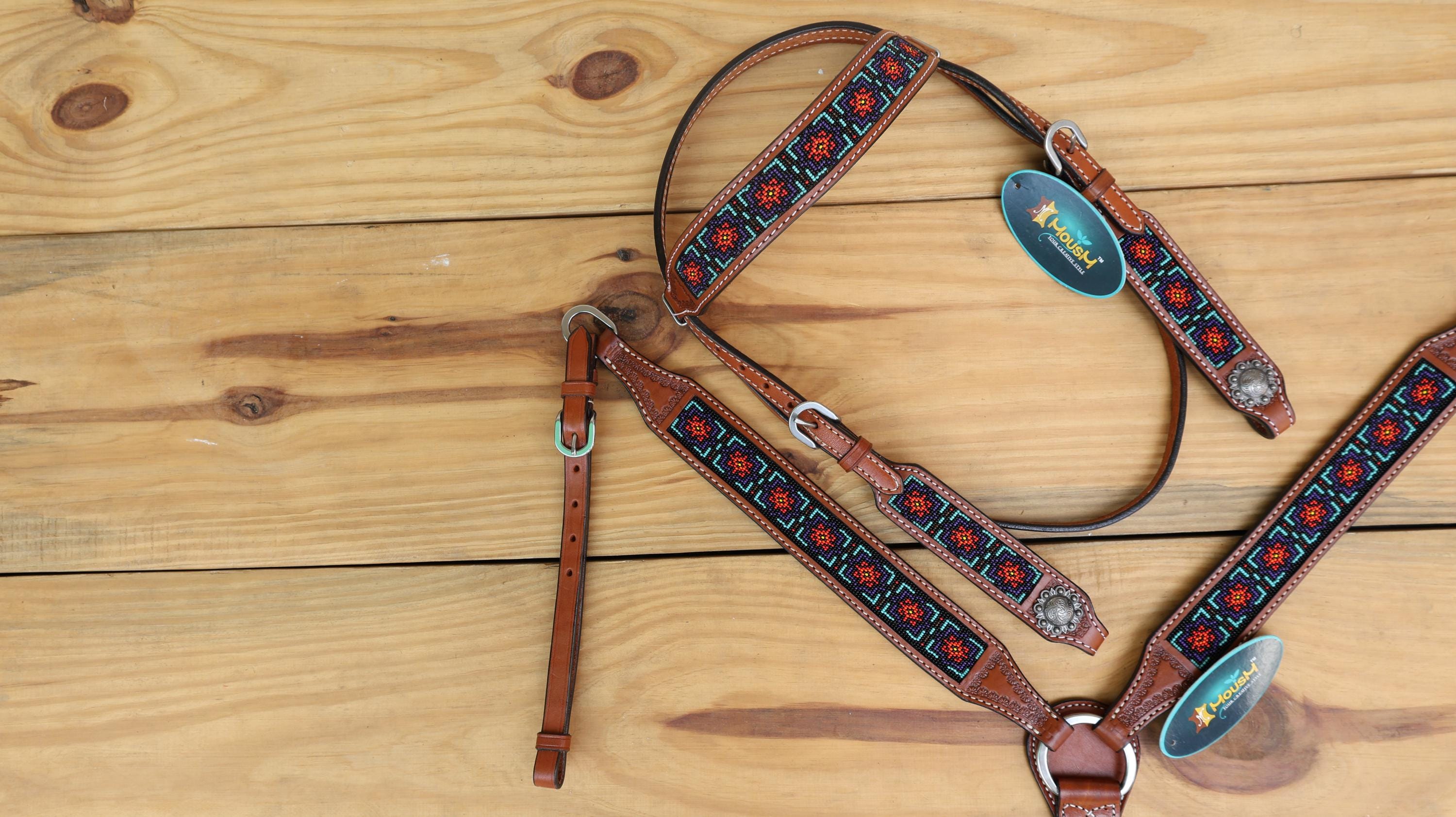 Beaded inlay Headstall tack Premium Leather Headstall and Breast Collar with geometric red teal beaded tooling pattern inlay on tan leather