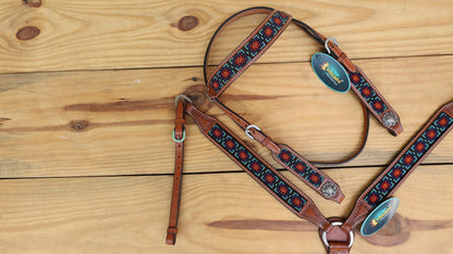 Beaded inlay Headstall tack Premium Leather Headstall and Breast Collar with geometric red teal beaded tooling pattern inlay on tan leather