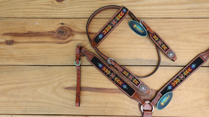 Beaded inlay Headstall tack Premium Leather Headstall and Breast Collar with geometrical red yellow orange beaded tooling pattern on black