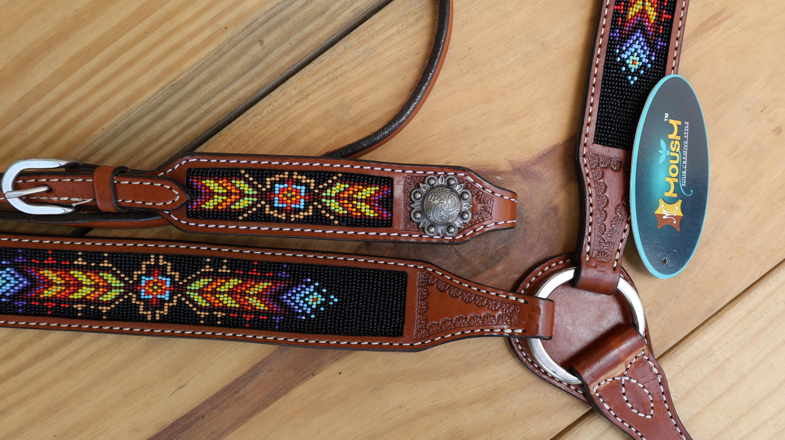 Beaded inlay Headstall tack Premium Leather Headstall and Breast Collar with geometrical red yellow orange beaded tooling pattern on black