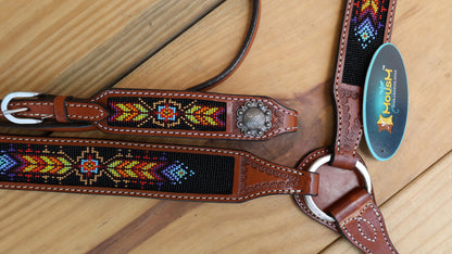 Beaded inlay Headstall tack Premium Leather Headstall and Breast Collar with geometrical red yellow orange beaded tooling pattern on black
